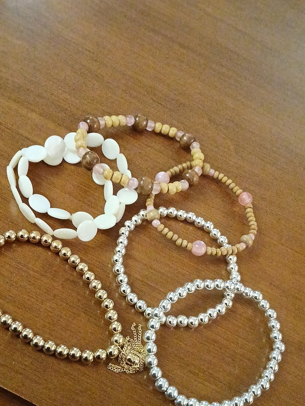 6 Lot Of Multi Color Beaded Stretchy  Bracelet  - Pink, White, Gold, Silver